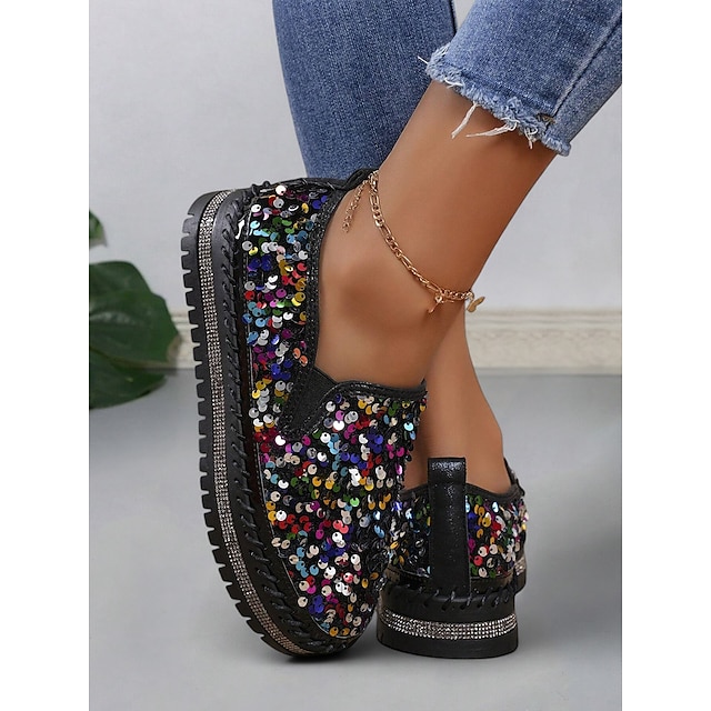  Schwarze Damen-Slipper mit Pailletten und Strassbesatz - glitzernde Freizeitschuhe für Partys und den Alltag