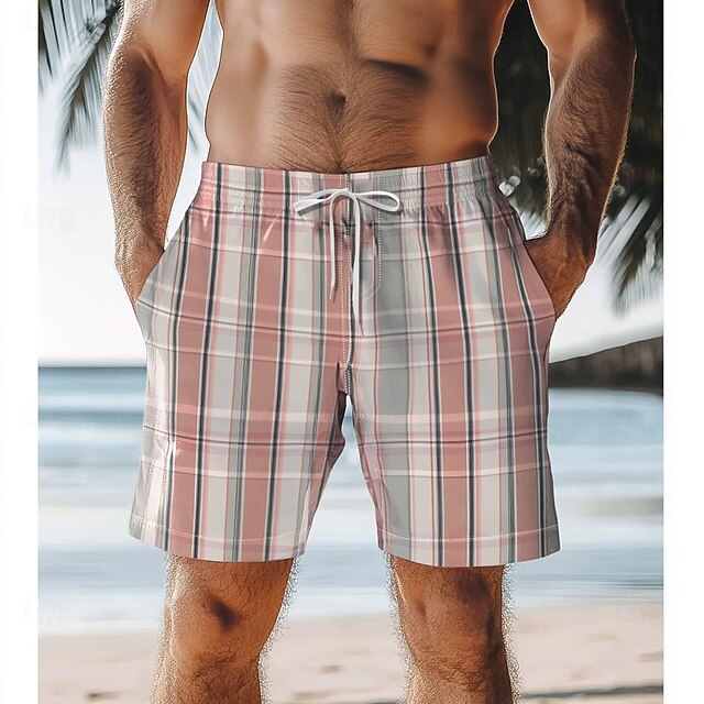 Men's Geometric Grid / Plaid Patterns Swim Trunks Swim Shorts Board Shorts Mid Waist Tropical Streetwear Hawaiian Vacation Daily Holiday Drawstring Elastic Waist 3D Print Designer Clothing Apparel4