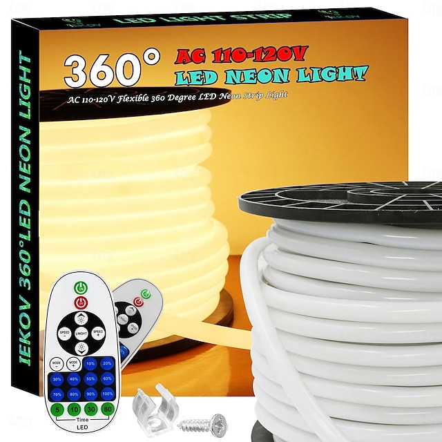  Bande lumineuse LED néon 360° AC110 16-100 pieds flexible/étanche/à intensité variable, cordon lumineux LED blanc chaud, télécommande, convient pour la décoration de la maison/du jardin/du bâtiment,