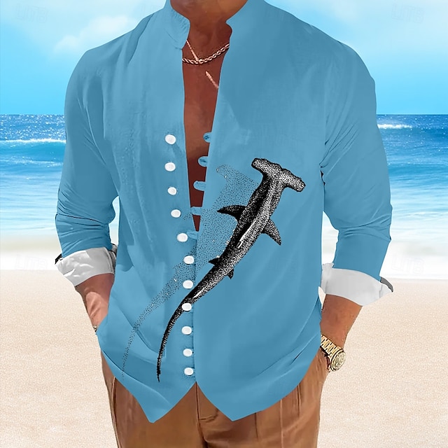  Bărbați Rechin Cămașă casual Cămașă hawaiană Cămașă Aloha Manșon scurt Hawaiană Stațiune Vacanță Casual Vară Primăvară Guler în picioare Butonul sus Alb Albastru piscină Trifoi Gri