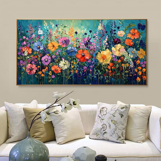  Peinture à l'huile originale faite à la main de fleurs colorées sur toile, peinture abstraite de groupe de fleurs à texture, art mural pour la décoration intérieure avec cadre tendu/sans cadre