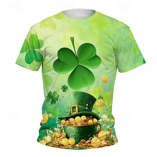 St. Patrick Boys 3D Graphic Four Leaf Clover T shirt Tee Short Sleeve Summer Spring Fashion Basic Kids 4-12 Years Crew Neck Outdoor Casual Daily Regular Fit4