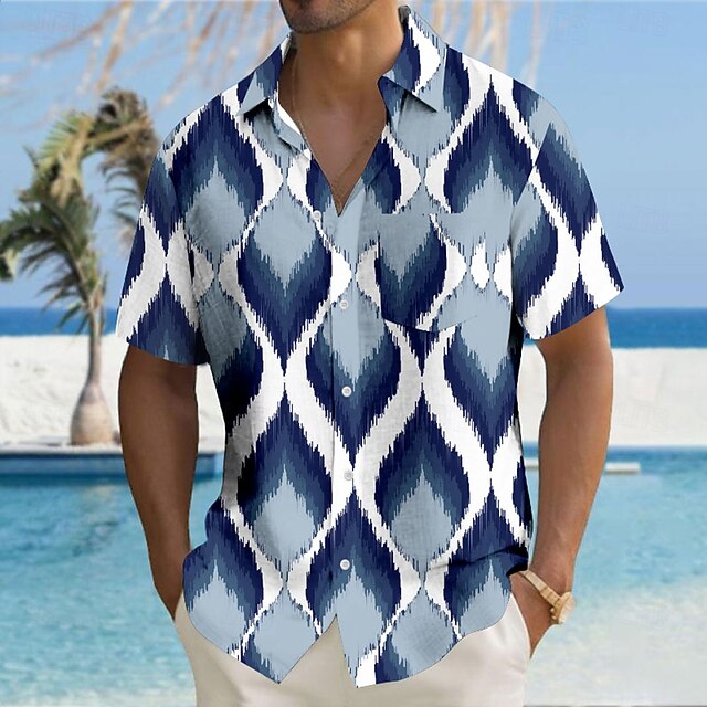 Men's Geometic Casual Shirt Button Up Shirt Short Sleeve Casual Resort Vacation Causal Summer Spring Turndown Button Up Blue4