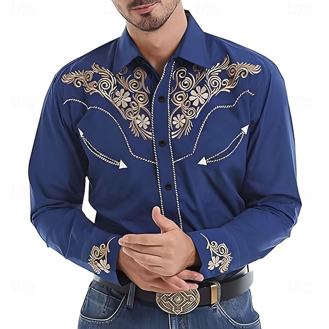  Bărbați Florale Cămașă occidentală Cămașă de cowboy Manșon Lung stil vestic Primăvară Toamnă Răsfrânt Butonul sus Albastru piscină