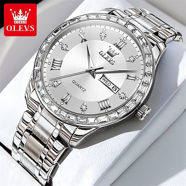  olevs marchio acciaio cinturino orologio da uomo business luminoso doppio calendario semplice orologio al quarzo impermeabile sportivo moda orologio da polso da uomo strass