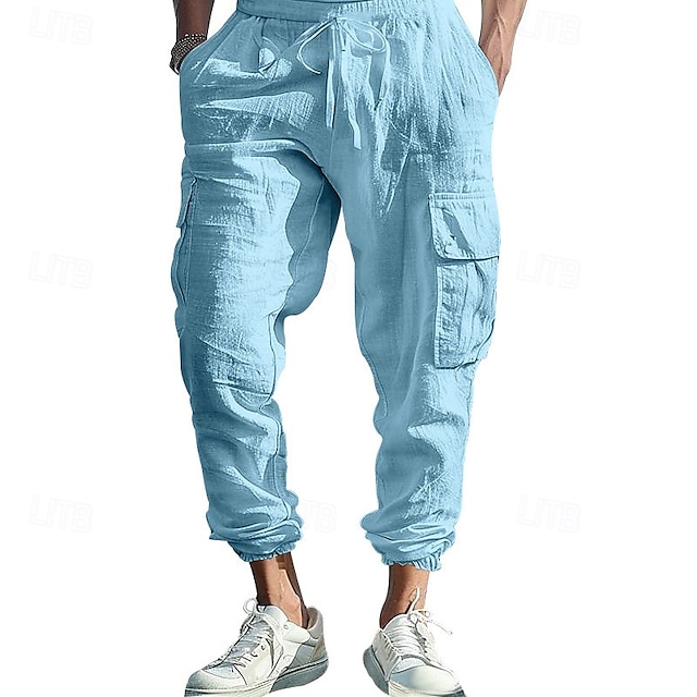  Herre Linbukser Cargo joggere Bukser Sommerbukser Snorer Elastisk midje Multi lomme عادي Komfort Pustende Full lengde utendørs Avslappet Daglig Mote Klassisk Stil Svart Hvit
