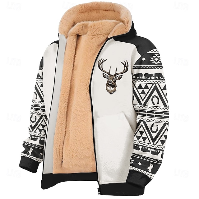  Homens Veado Tosão Moletom Moletom Moletom com capuz Gola Redonda Simples Impressão 3D Caça Preto Marron Zip Up Outono Inverno Designer