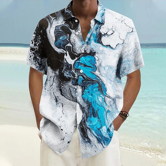  Herren Marmor Lässiges Hemd Hawaiihemd Sommerhemd Aloha-Shirt Kurzarm Hawaiianisch Resort Urlaub Täglich Sommer Frühling Ständer Blau