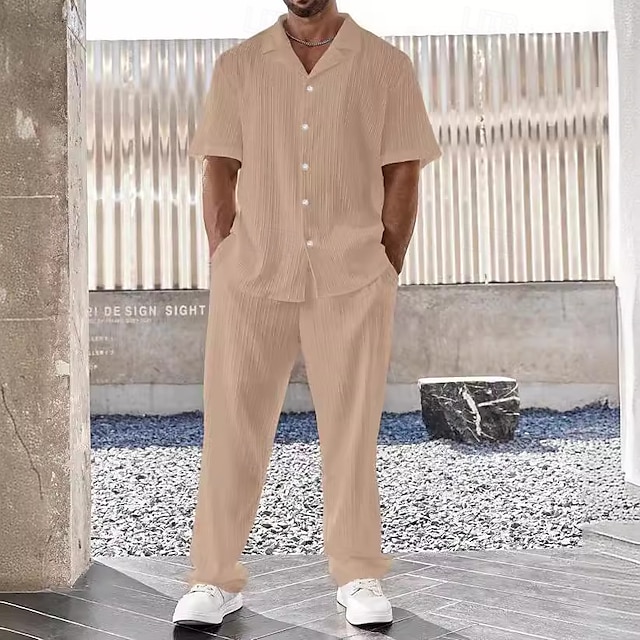  Pánské 2 kusy Sada košile Odpovídající sady Košile pro volný čas Košile na knoflíky Černá Bílá Hnědá Khaki Krátký rukáv Bez vzoru Camp Collar Dovolená Denní Oblečení Módní Na běžné nošení