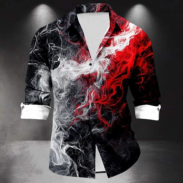 Men's Smoke Casual Shirt Button Up Shirt Long Sleeve Abstract Party Casual Spring Fall Turndown Button Up Black4