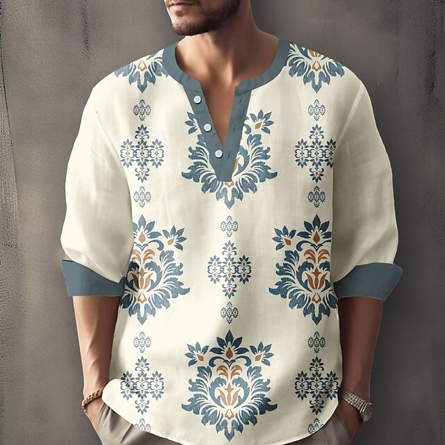 Men's Florals Casual Shirt Button Up Shirt Long Sleeve Fashion Casual Causal Casual Summer Spring V Neck V Neck Buttons Blue4