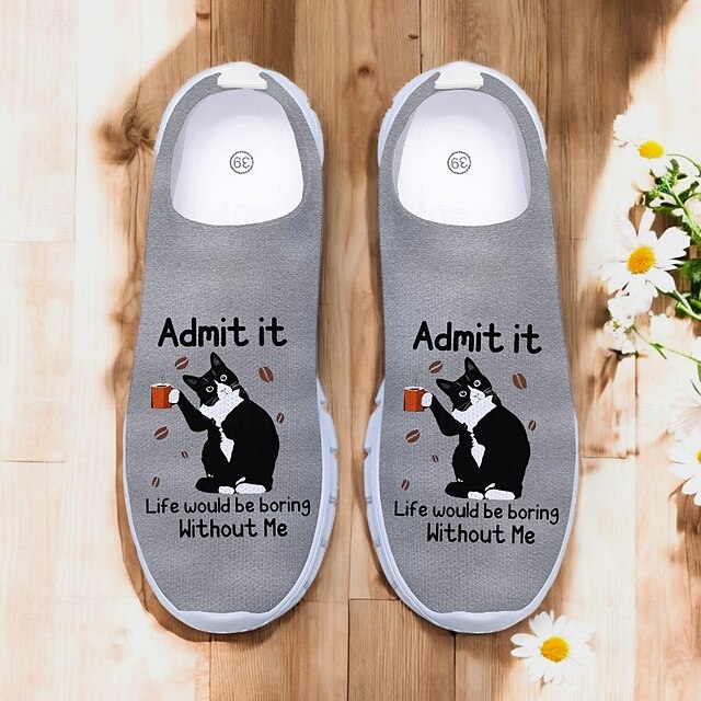 Women's Cat Lover Slip-On Walking Shoes, Funny Cat Print