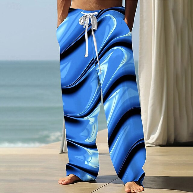 Men's Optical Illusion Waves Pants Trousers Casual Pants Mid Waist Drawstring Elastic Waist Hawaiian Outdoor Vacation Holiday Straight Leg Trousers Summer Spring Fall 3D Print Blue4