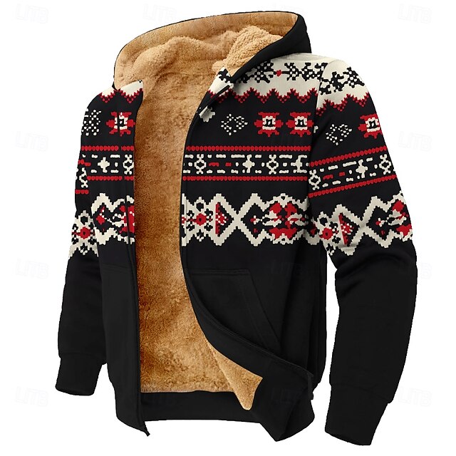 Men's Aztec Fleece Hoodie Simple Casual Long Sleeve Crew Neck Streetwear Black Zip Up Fall Winter Designer4