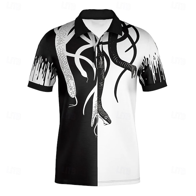  Men's Snake Golf Shirt Short Sleeve Polo Shirts Collared Shirts Casual Horror School Outdoor Street 3D Print Summer Black-white