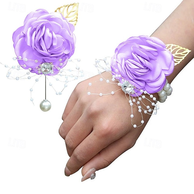  2er-Pack Blumen-Ansteckblumen-Set für das Handgelenk, handgefertigte künstliche Rosen aus Seide als Hochzeitsblumen-Accessoires, Abschlussball-/Anzug-Dekor