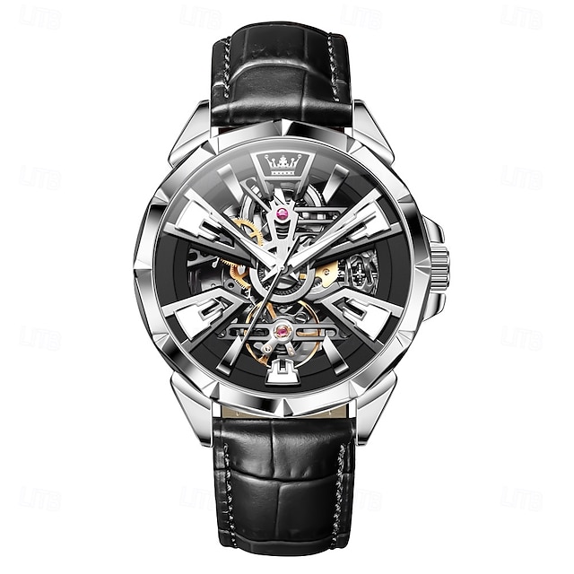  OLEVS Hombre Relojes Mecánico Creativo Al Aire Libre Deportes Moda Calavera Cuerda Automática Luminoso IMPERMEABLE Piel Reloj