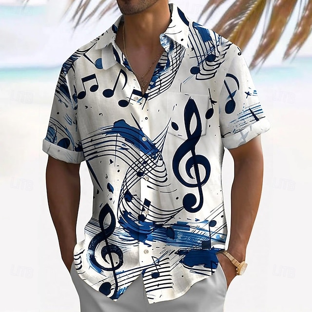  Men's Notes Casual Shirt Button Up Shirt Short Sleeve Casual Causal Casual Summer Spring Turndown Button Up White