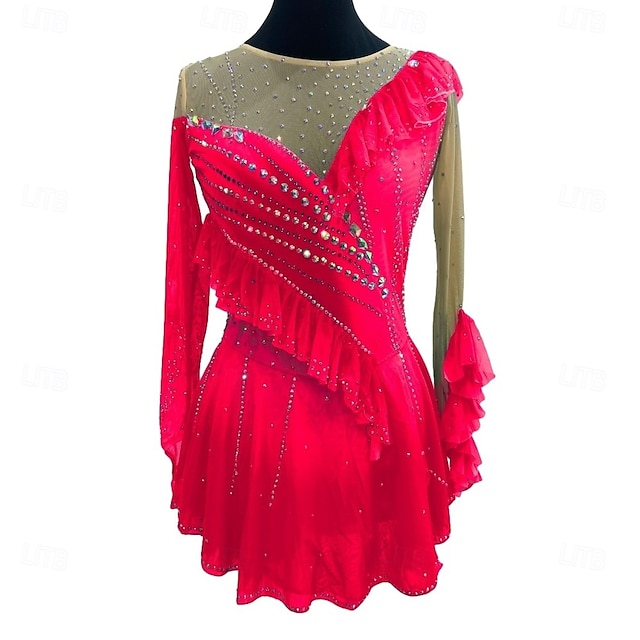 Robe de patinage artistique Femmes Fille Patinage Robe Rouge Bleu Roi Patchwork Trou de pouce Maille Spandex Élastique Entraînement Pratique Professionnel Tenue de Patinage cristal pailleté manche
