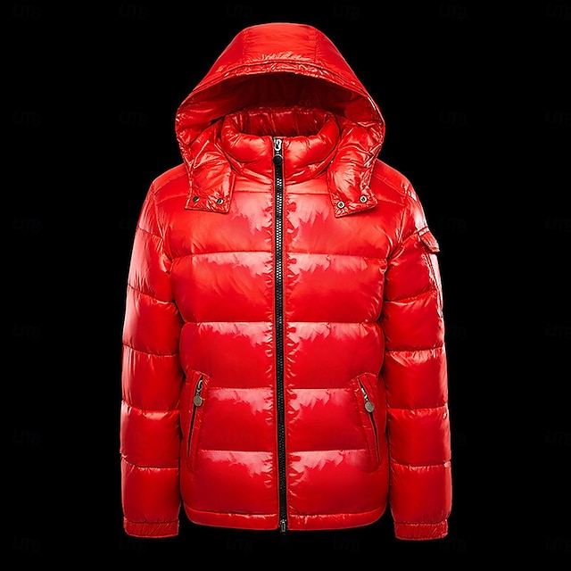  Herr Vinterjacka Dun Pufferjacka Hoodiejacka Huva Vitt anddun Utomhus Sport Helgen Normal Elegant och modernt Varm Fritid Vinter Slät Svart Rubinrött Pufferjacka