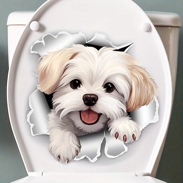  lustiger weißer Toilettensitzaufkleber mit Hund - einfach anzubringen, entfernbar, Badezimmerwand &Türaufkleber für eine verspielte Note