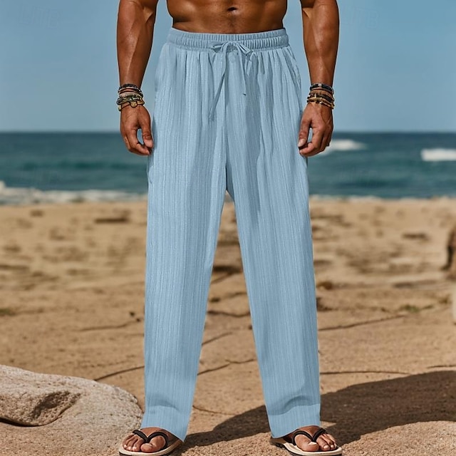  Homens Calças de linho Calças Calça verão Calças de praia Com Cordão Cintura elástica Perna reta Tecido Conforto Respirável Comprimento total Diário Feriado Praia Férias Moda Preto Branco