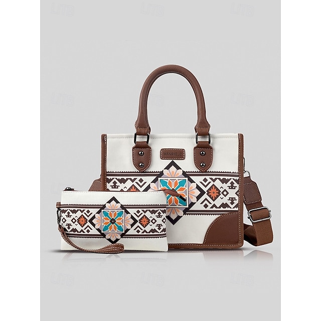  Women's Canvas and Faux Leather Handbag Set with Ethnic Embroidery, Bohemian Style Tote Bag and Matching Clutch, Perfect for Travel and Everyday Use Black White Brown