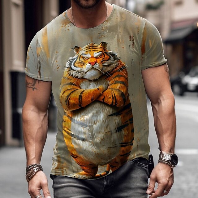 Men's Tiger Funny T Shirt Short Sleeve T shirt 3D Print Crew Neck Shirt Exaggerated Designer Party Holiday Gray Summer Spring Clothing Apparel S M L XL XXL XXXL4