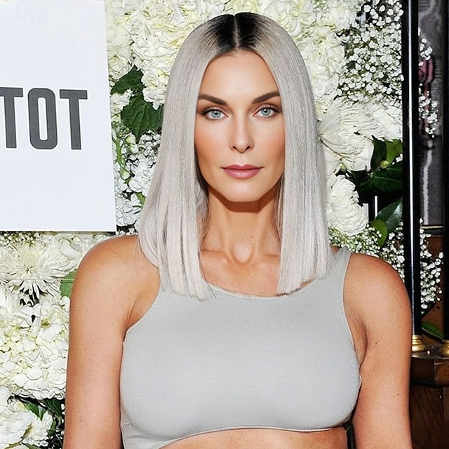  Von Kim Kardashian inspirierte Perücken, Kunsthaarperücke, glatte Perücke mit Mittelscheitel, kurzes graues Kunsthaar, modisches Damendesign, weiches Naturgrau
