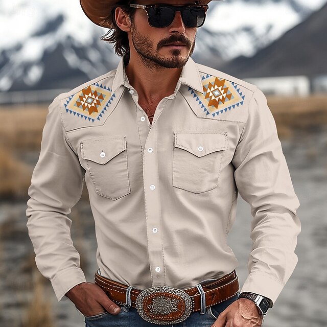 Men's Ethnic Western Shirt Cowboy Shirt Long Sleeve Western Casual Spring Fall Turndown Button Up Beige4