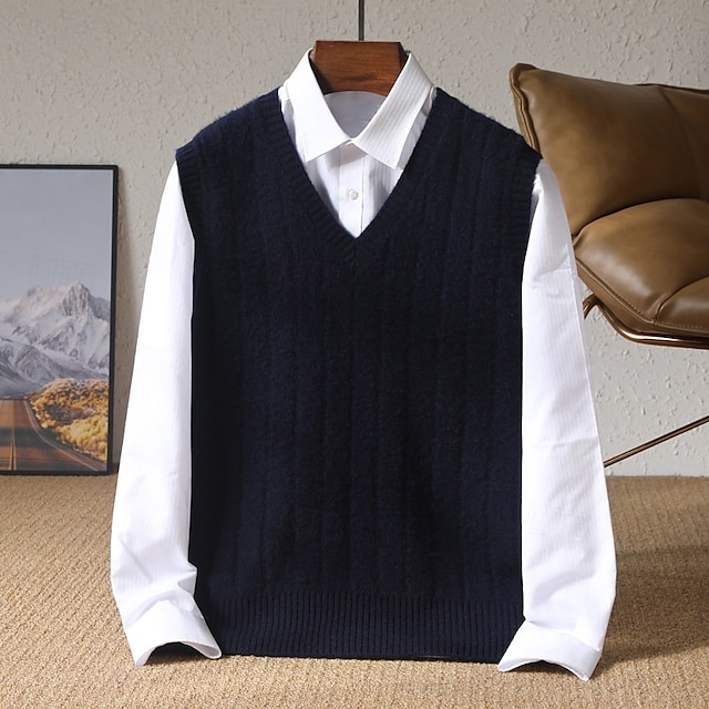  Herr Pullover tröja Sticka Ensfärgat V-hals Stickat Elegant Utomhus Hem Kläder Höst Vinter Svart Orange S M L