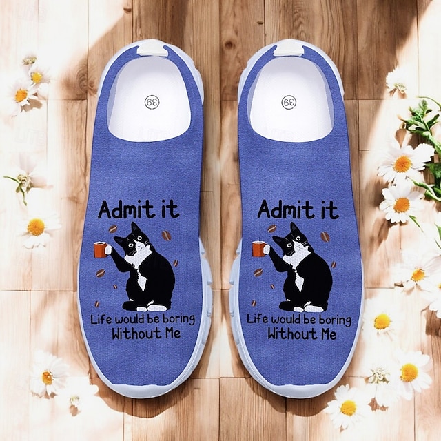 Women's Cat Lover Slip-On Walking Shoes, Funny Cat Print