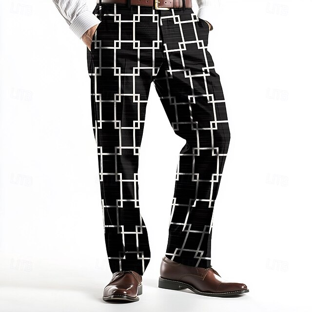 Men's Plaid Geometric Pattern Trousers Dress Pants Mid Waist Business Casual Wedding Holiday Dads Day Gifts Flat-Front Straight Leg Trousers Summer Spring Fall 3D Print Black4