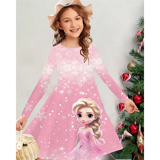  Tyttöjen 3D Kuvitettu Piirretty Lumihiutale Mekko Pitkähihainen Kesä Kevät Loma Päivittäin Pyhäpäivä Prinsessa Kaunis Makea Lapset 4-12 vuotta Rento mekko A linjainen mekko Polvipituinen Normaali
