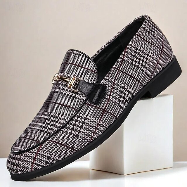 Men's Plaid Fabric Loafers with Metal Buckle – Stylish Slip-On Shoes for Business, Weddings, and Smart-Casual Outfits 16