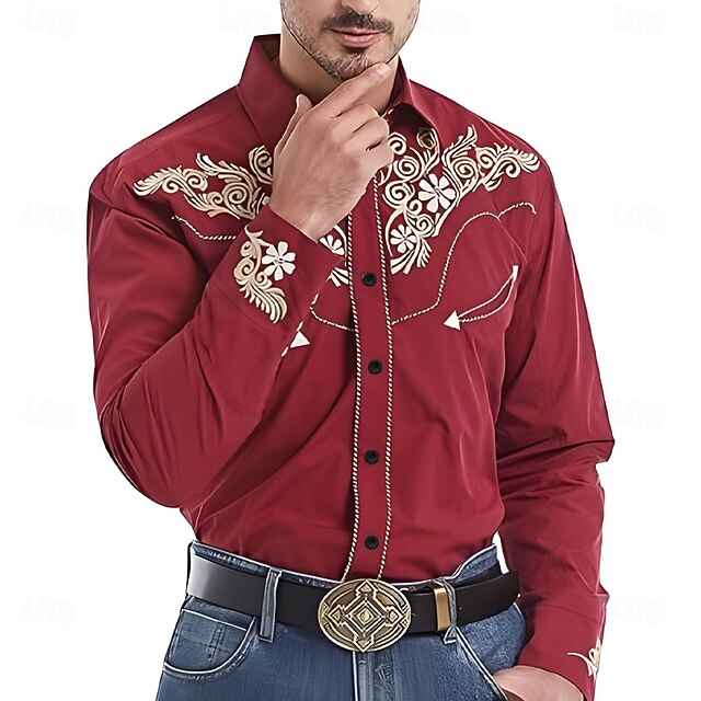 Men's Florals Western Shirt Cowboy Shirt Long Sleeve Western Style Spring Fall Turndown Button Up Red4