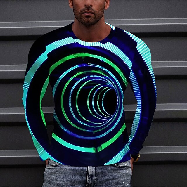 Men's Optical Illusion Graphic Prints T Shirt Long Sleeve T shirt 3D Print Crew Neck Shirt Sports Designer Basic Outdoor Street Daily Blue Spring &  Fall Clothing Apparel S M L XL XXL 3XL4