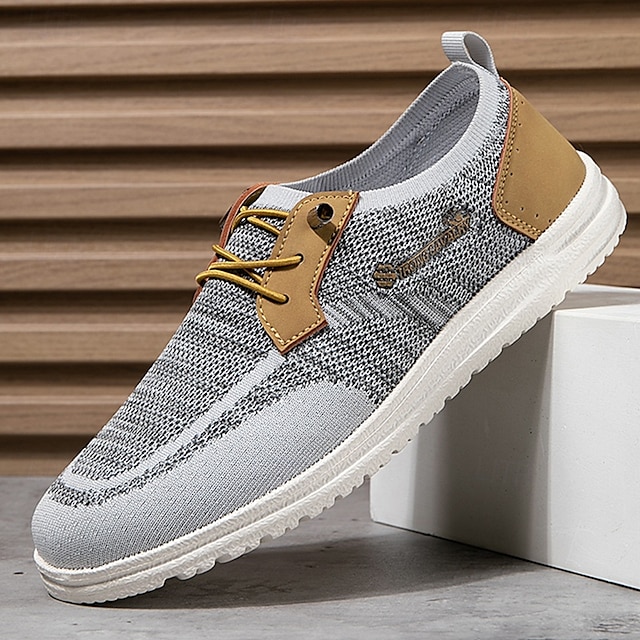  Men's Grey Knit Sport Shoes with Leather Accents and Lace-Up Design – Comfortable Casual & Outdoor Footwear