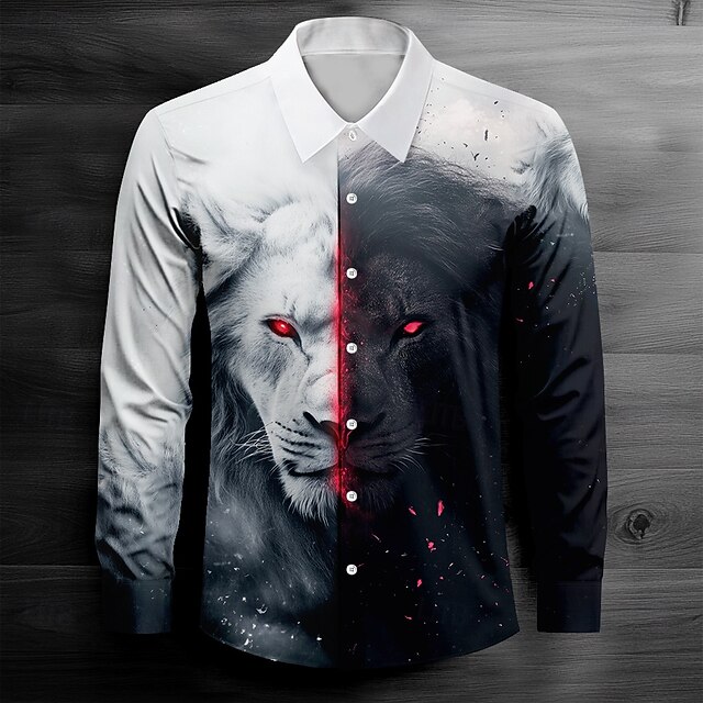 Men's Lion Casual Shirt Button Up Shirt Long Sleeve Dark Causal Casual Spring Fall Turndown Button Up Black4