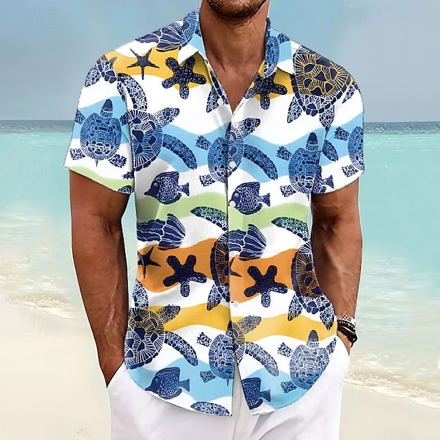  Men's Turtle Summer Hawaiian Shirt Aloha Shirt Short Sleeve Hawaiian Resort Vacation Causal Casual Summer Spring Turndown Button Up Blue