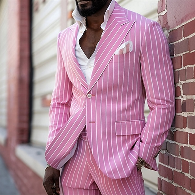  Hombre Graduación chaqueta Negocio Fiesta de Cóctel Fiesta de Boda Moda Casual Primavera & Otoño Poliéster Rayas Botones Bolsillo Cómodo Botonadura Simple Chaqueta de sport Rosa