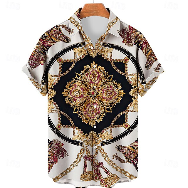 Men's Florals Casual Shirt Button Up Shirt Short Sleeve Abstract Casual Causal Casual Summer Spring Turndown Button Up Gold4