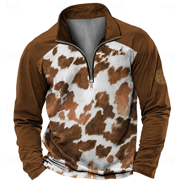 Men's Cow Print Sweatshirt Sweatshirt Zip Sweatshirt Short Sleeve Sweatshirt Stand Collar Half Zip Casual Print Going out Half Zip Spring Fall Winter4
