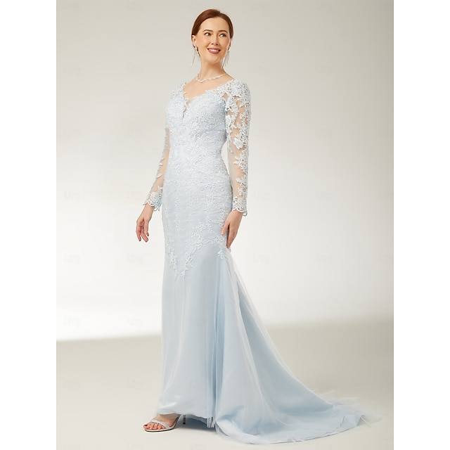  Meerjungfrau/Trompete Strandhochzeit Mutter der Braut Kleid elegant V-Ausschnitt Sweep/Pinselschleppe Spitze Tüll lange Ärmel mit Applikationen 2025