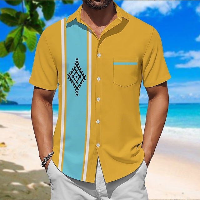  Per uomo Blocco di colori Etnico Camicia da Bowling Camicia con Bottoni Maniche Corte Artistico Casual Confortevole All'aperto Vacanza Streetwear Primavera & Estate Colletto a Camicia Stampa Giallo