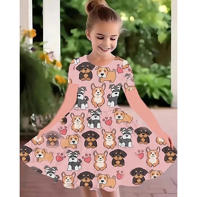 Girls' 3D Graphic Dog Dress Long Sleeve Summer Spring Vacation Daily Holiday Princess Beautiful Sweet Kids 4-12 Years Casual Dress A Line Dress Knee-length Regular Fit4