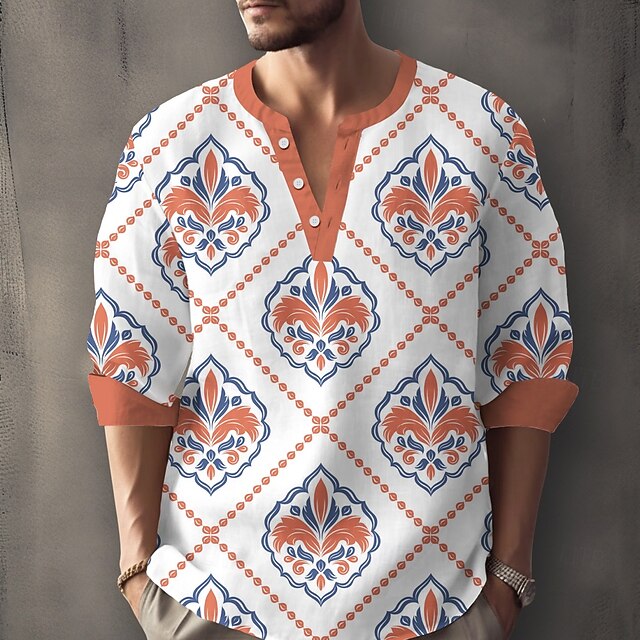 Men's Florals Casual Shirt Button Up Shirt Long Sleeve Casual Causal Casual Summer Spring V Neck V Neck Buttons Orange4