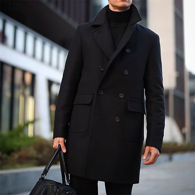 Men's Peacoat Trench Coat Vacation Daily Fall & Winter Polyester Warm Outerwear Clothing Apparel Fashion Classic Plain Pocket Lapel Double Breasted4