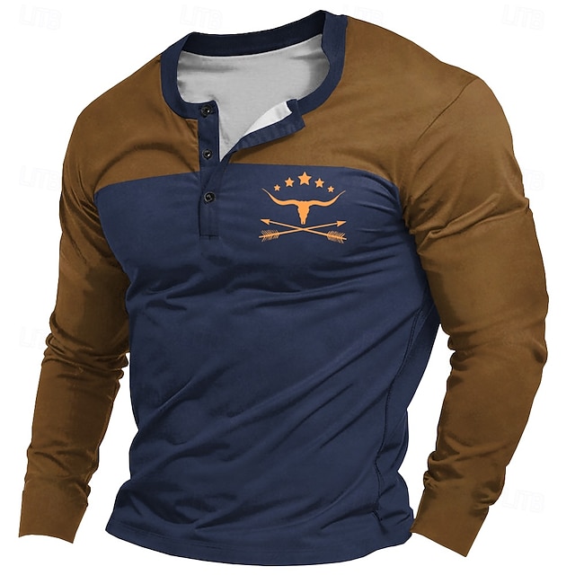  Per uomo Pop art Color Block Con logo Toro Camicia Henley Manica lunga maglietta Stampa 3D Henley Camicia Di tendenza Originale Comodo Informale Giornaliero Nero Blu marino Cachi Primavera & Autunno