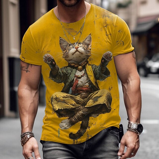 Men's Cat Yoga T Shirt Short Sleeve T shirt 3D Print Crew Neck Shirt Exaggerated Designer Party Holiday Yellow Summer Spring Clothing Apparel S M L XL XXL XXXL4